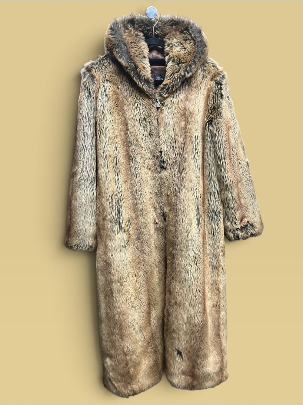 y2K vintage boho Long Hooded Faux Fur Coat in Brown